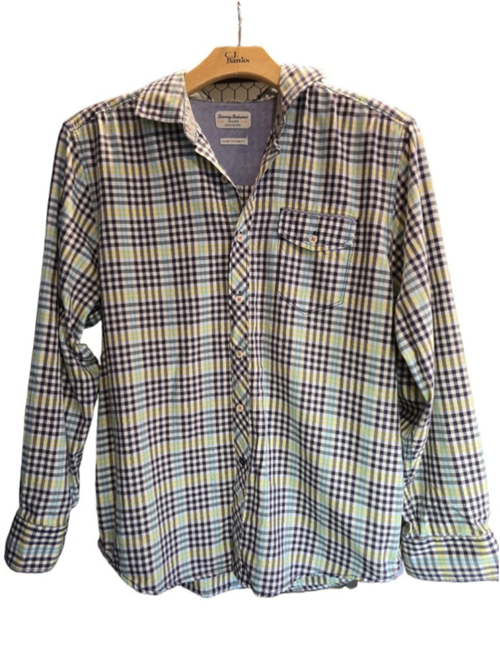 Men's Tommy Bahama Plaid Button-Up Shirt Size Large Yellow 22R